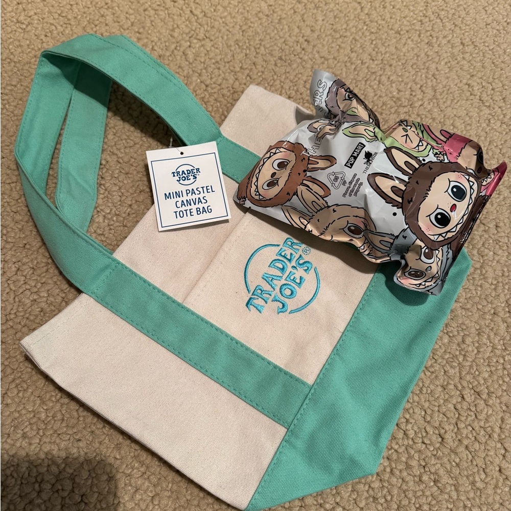 Trader Joe's Mini Pastel Canvas Tote Bag with real green labubu open box